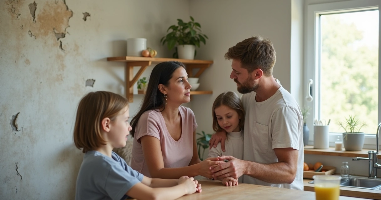 Família observa parede da cozinha com sinais de infiltração 