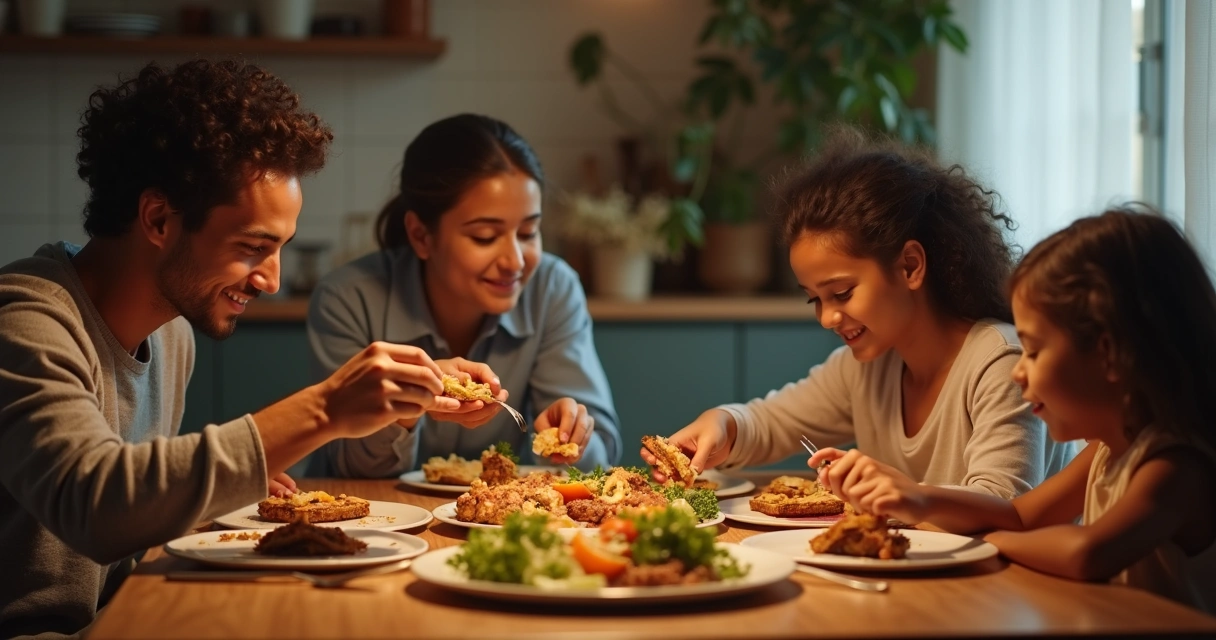 Família reunida em volta da mesa de jantar em casa, servindo comida caseira. 