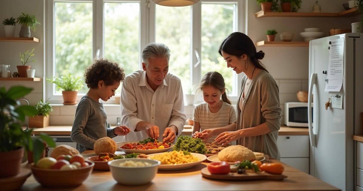 Família preparando refeição com alimentos de diferentes culturas 