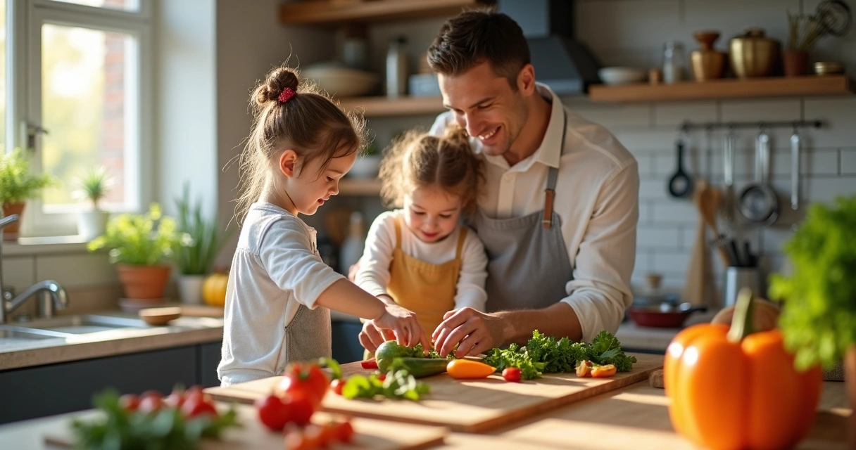 Família cozinhando junta em uma cozinha pequena 
