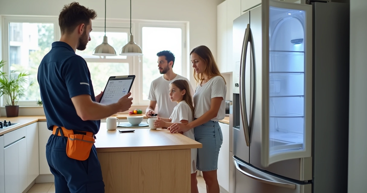 Família na cozinha conversando com técnico de geladeira frente à geladeira Electrolux 