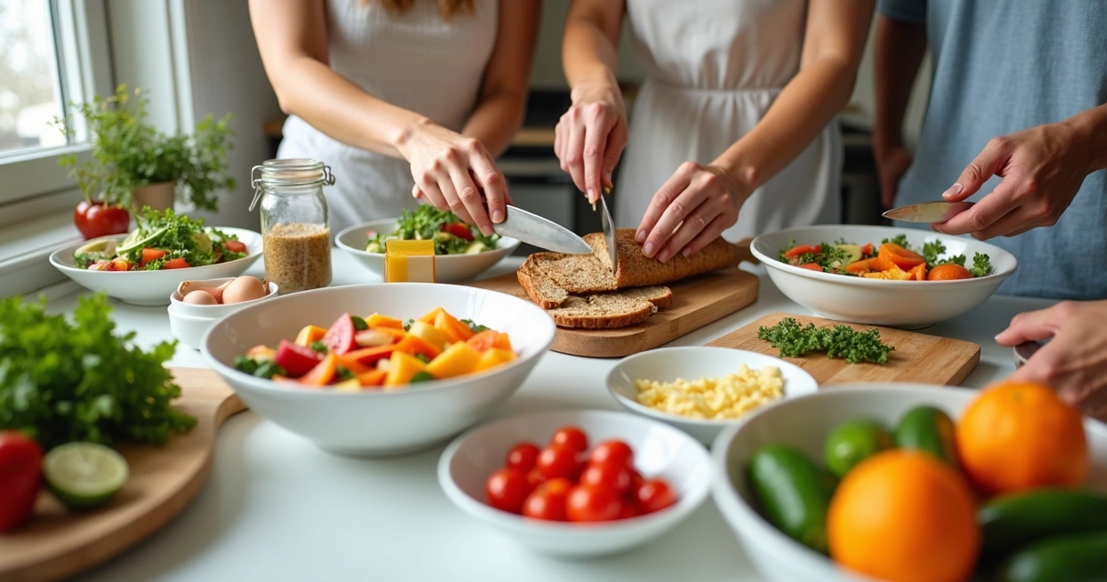 Família preparando alimentos saudáveis na cozinha 