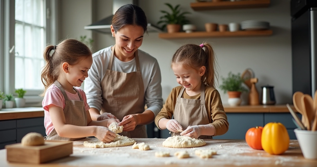 Família com crianças preparando massas na cozinha