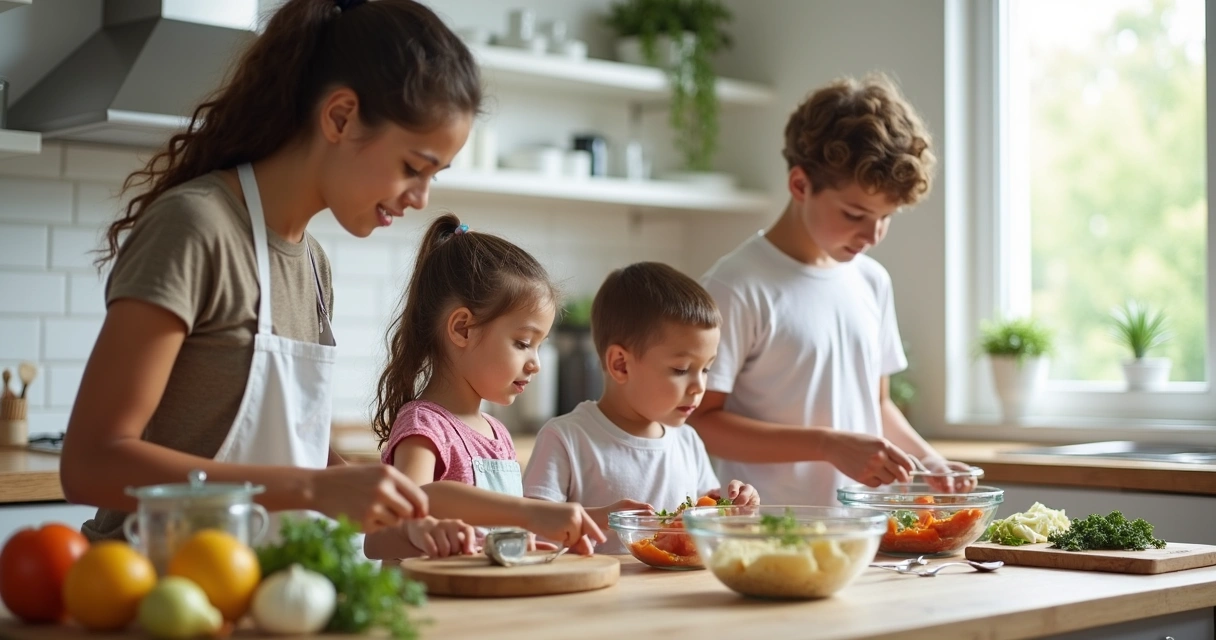 Família cozinhando juntos em uma cozinha muito organizada 