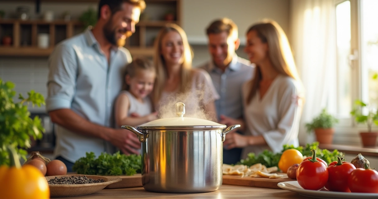 Família reunida na cozinha preparando refeição com panela de pressão 