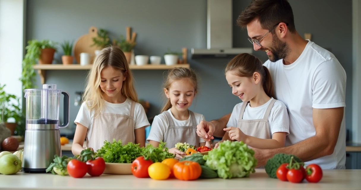 Família usando processador de alimentos na cozinha 