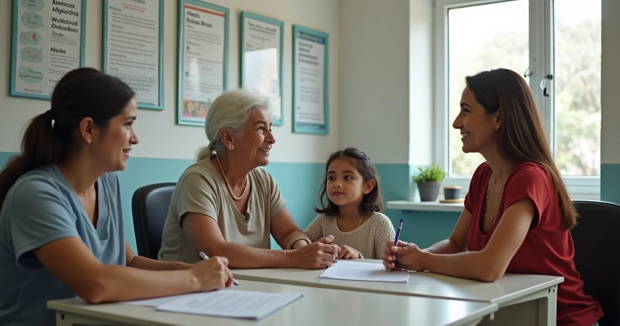 Família conversando com assistente social em ambiente de CRAS 