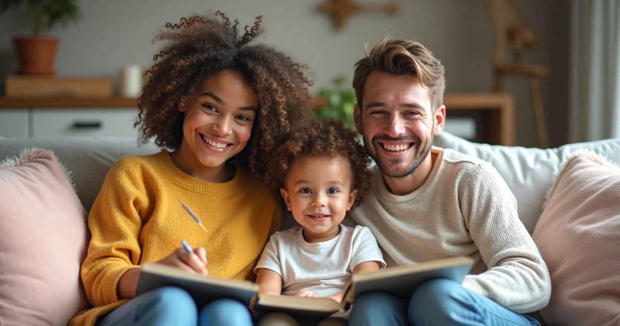 Família com criança autista sorrindo em ambiente acolhedor 