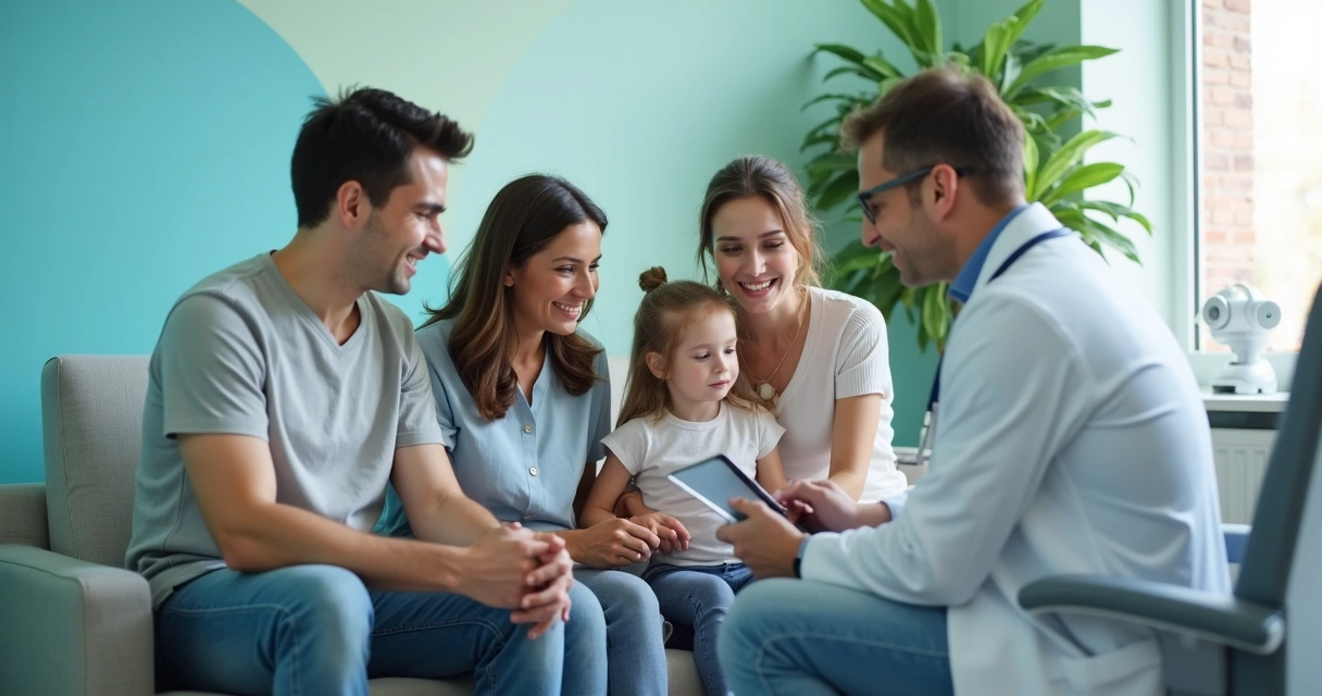 Família com criança em atendimento médico, médico mostrando resultados em tablet