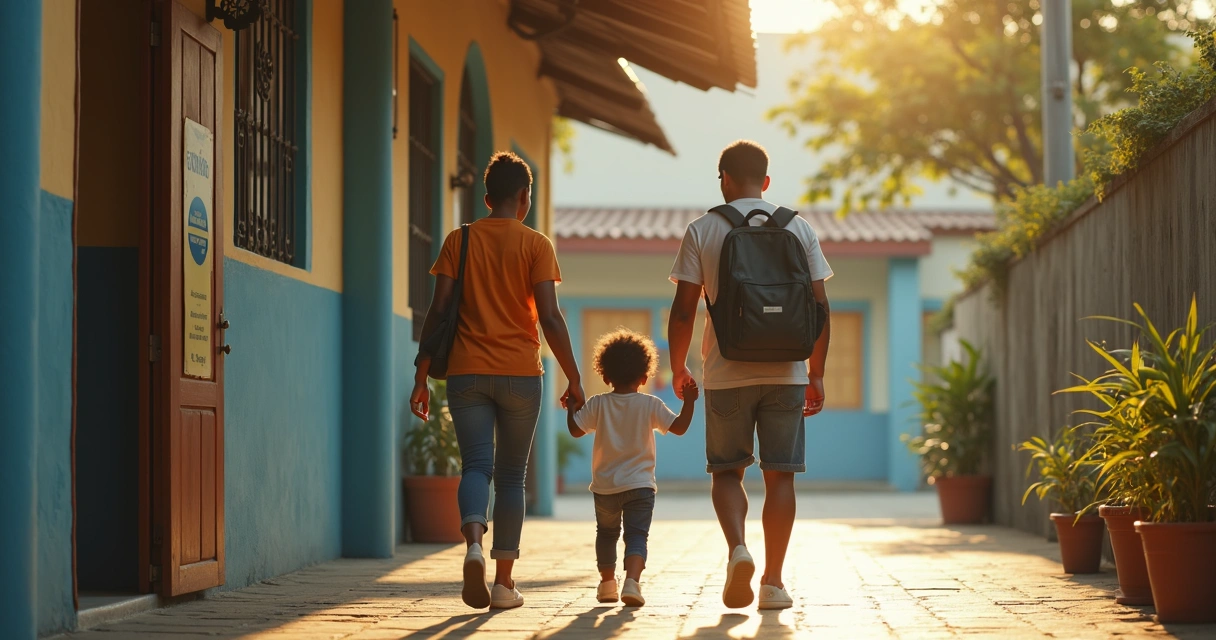 Família acompanha criança com deficiência chegando à escola regular 