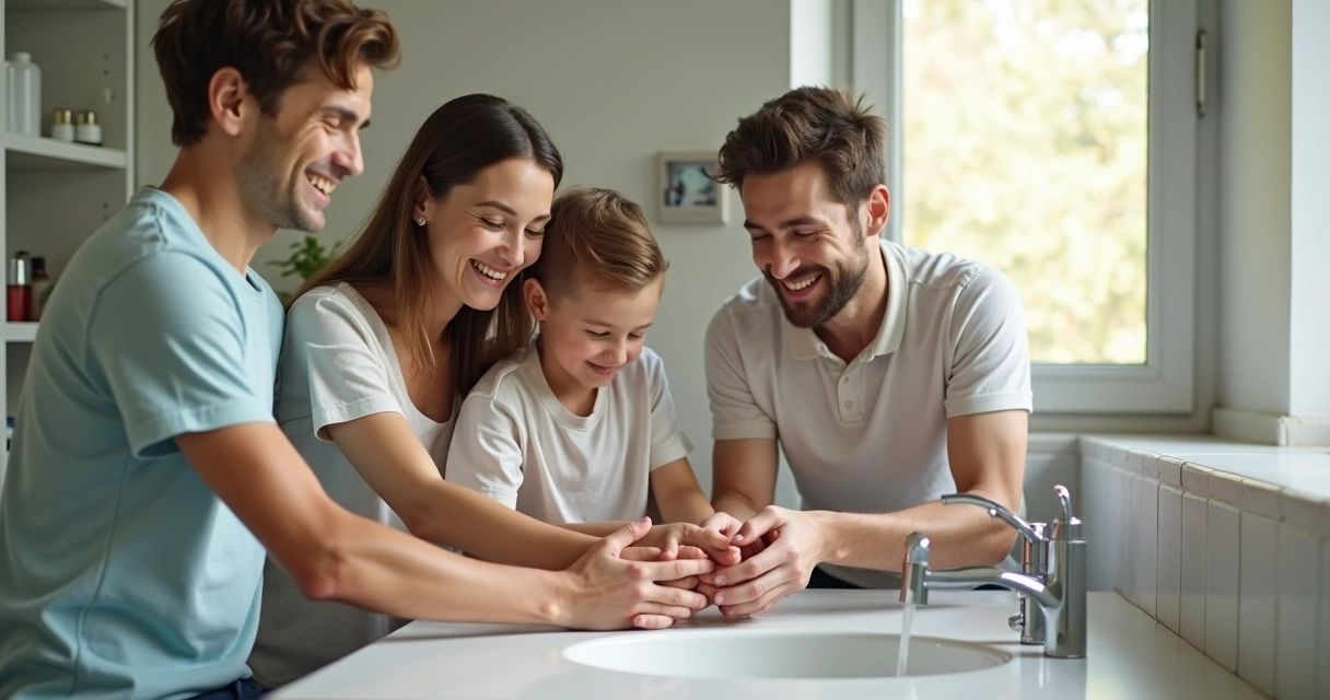 Família e criança higienizando as mãos juntos