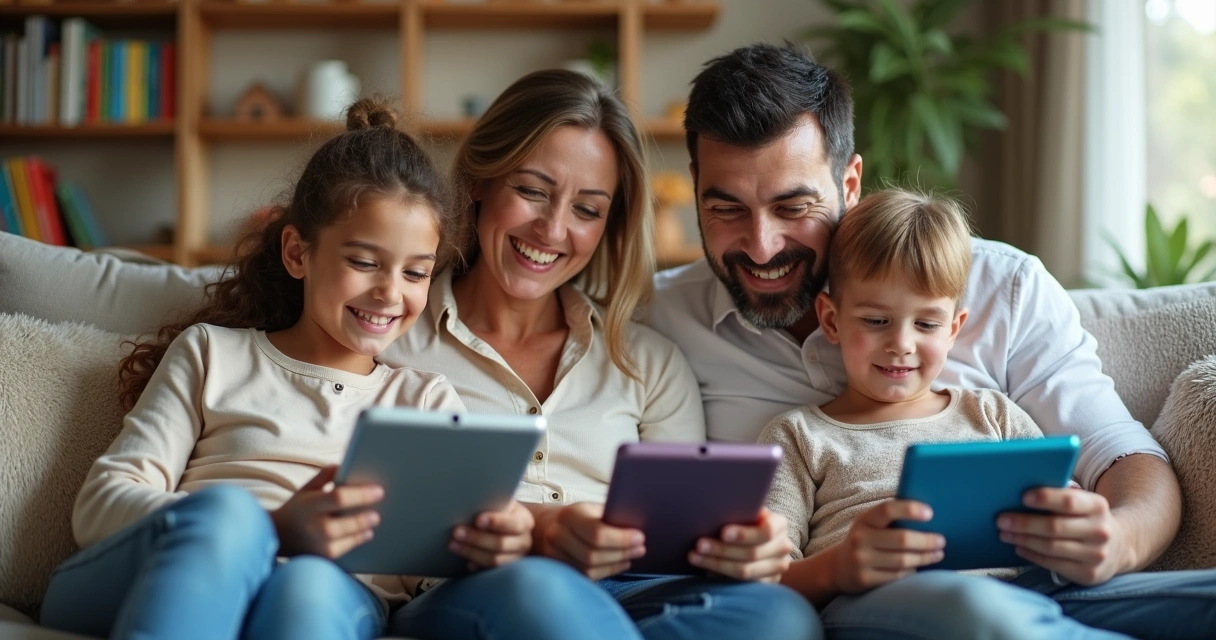 Família acompanhando crianças estudando com jogos digitais no sofá