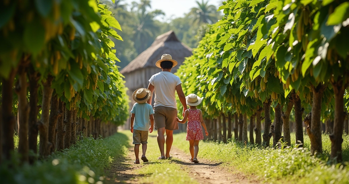 Crianças conhecendo uma fazenda de cacau ao lado dos pais 