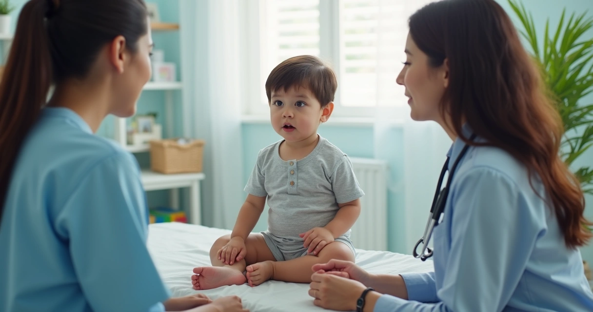 Criança no consultório médico com família 