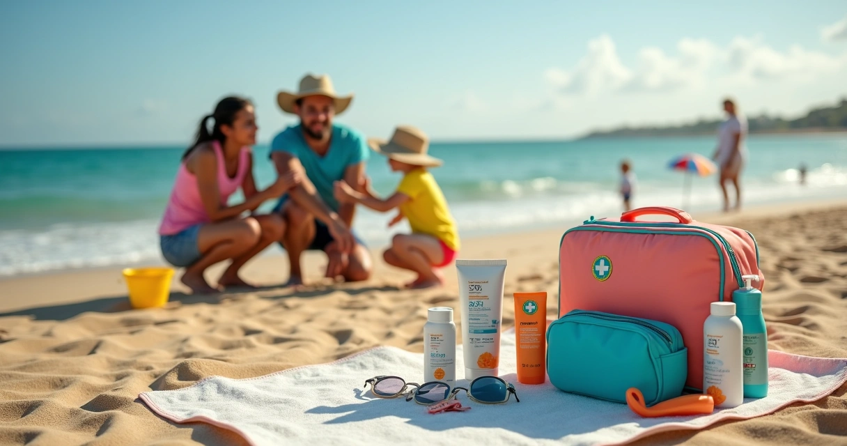 Pais montam kit de cuidados médicos com crianças na areia da praia 