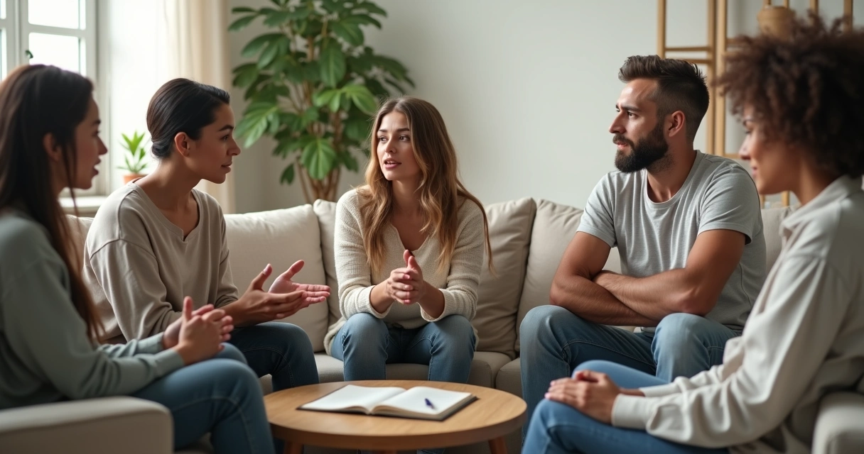 Família sentada em círculo na sala conversando de forma calma e respeitosa 