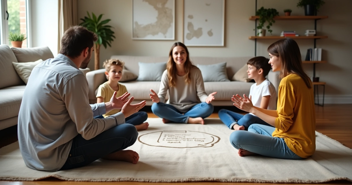 Família sentada em círculo na sala conversando com calma 