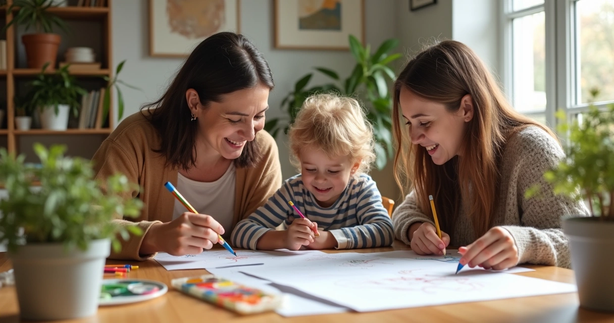 Família sentada à mesa planejando atividade artística juntos 