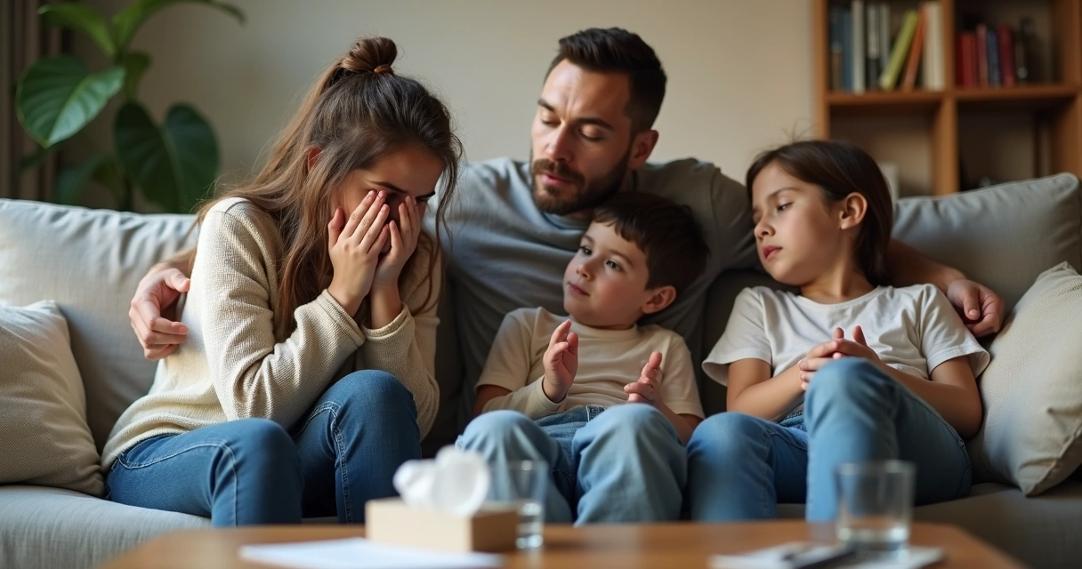 Família sentada no sofá lidando com crise emocional na sala de estar 