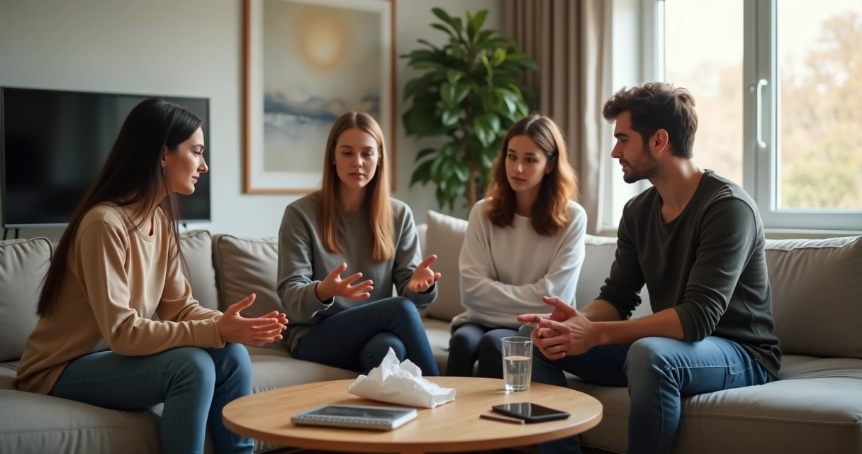 Família em sala de estar lidando com conflito de forma madura 