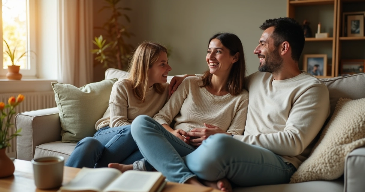 Família cristã reunida no sofá rindo e conversando em sala aconchegante 