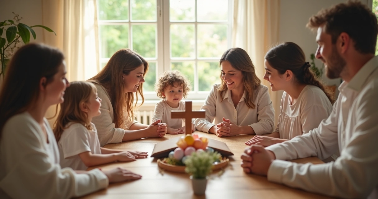 Família cristã em volta da mesa decorada de Páscoa orando com Bíblias e violão 