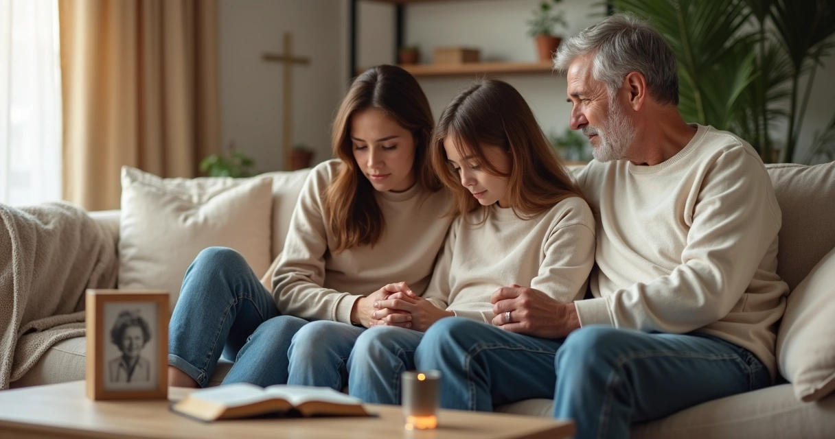Família cristã reunida no sofá de mãos dadas em momento de luto e oração 