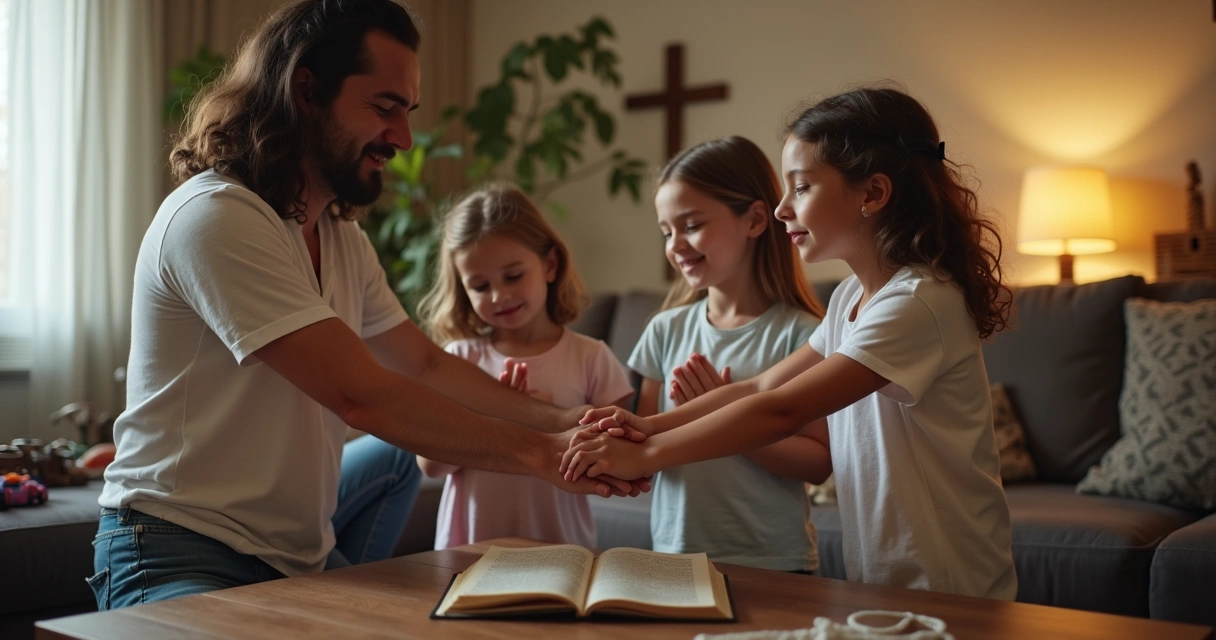Família cristã de mãos dadas orando em casa com filhos pequenos 