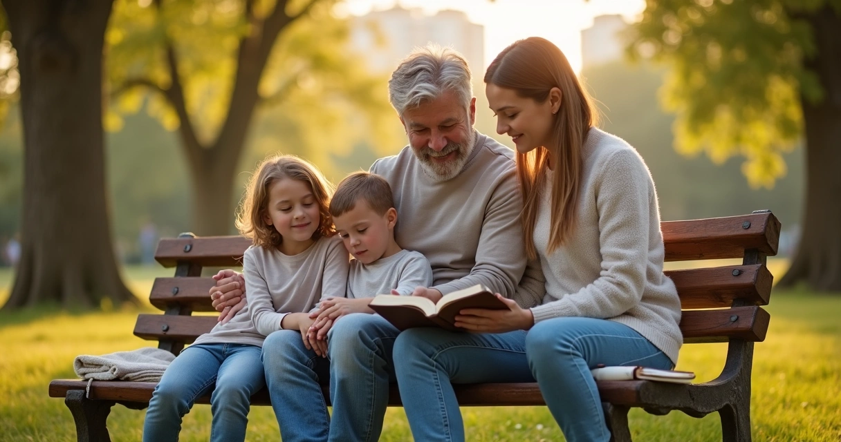 Pais e filhos sentados em banco de parque folheando uma Bíblia juntos 
