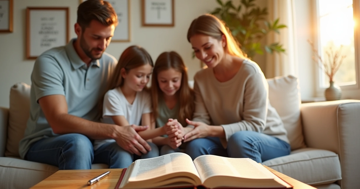 Família cristã orando de mãos dadas na sala de estar 