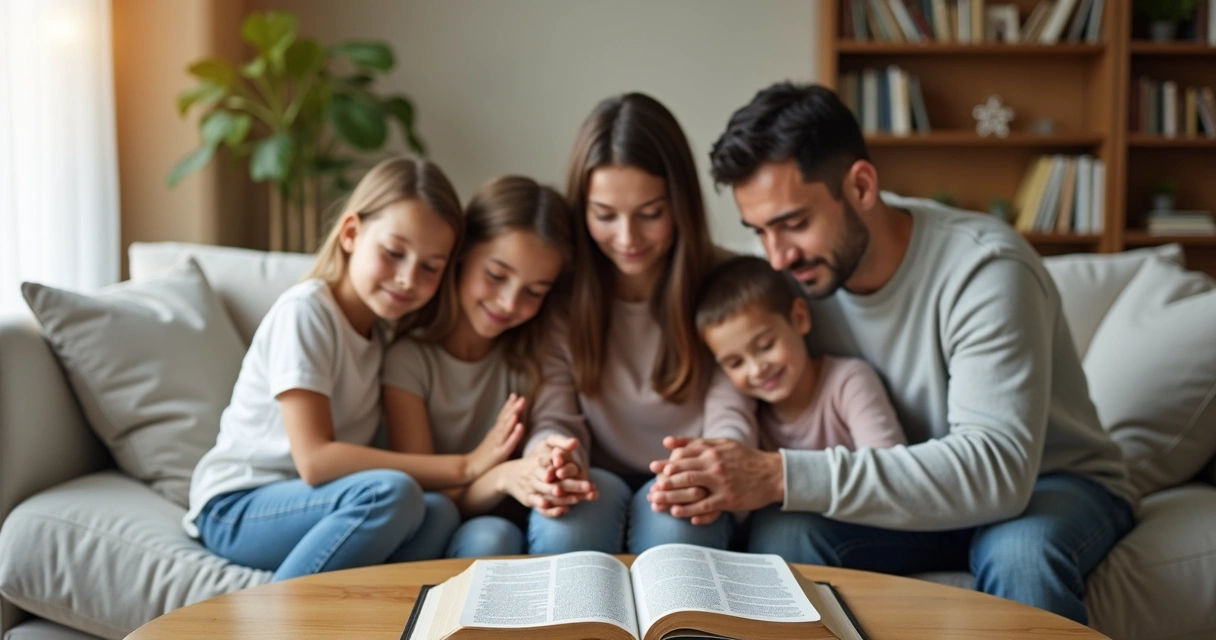 Família cristã unida orando de mãos dadas na sala de estar 