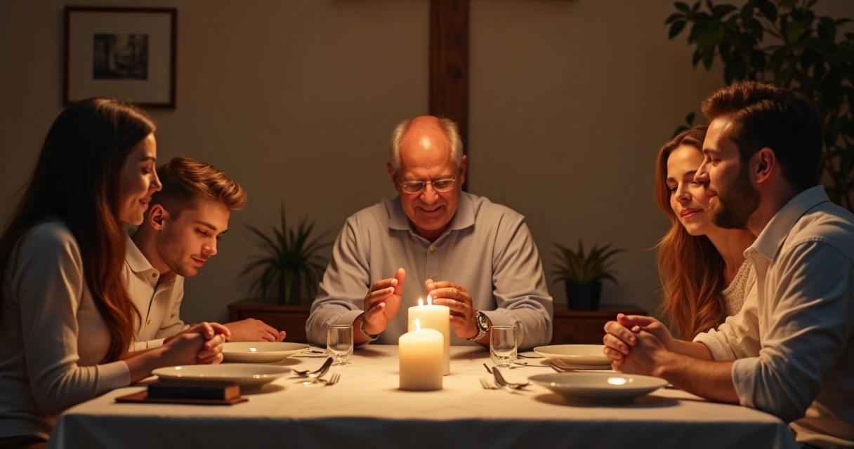 Família cristã reunida à mesa de jantar, orando e sorrindo 