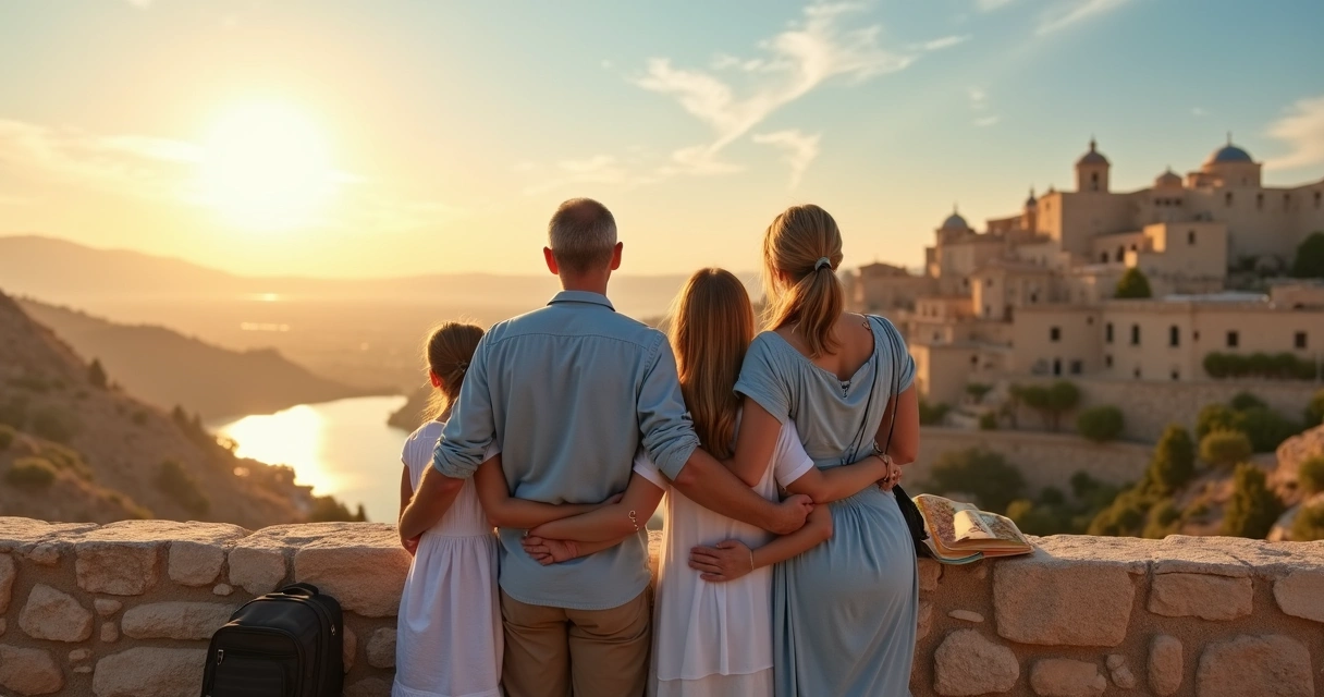 Família cristã admirando paisagem bíblica ao por do sol 