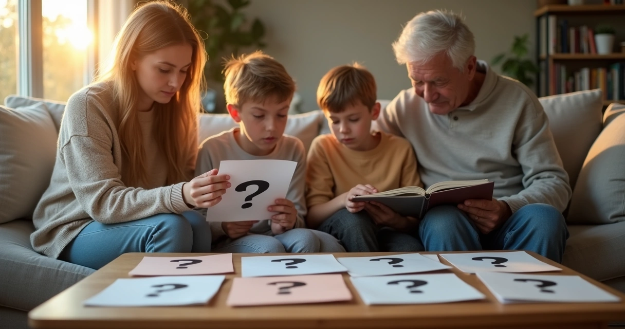 Familia sentada en un sofá revisando tarjetas de preguntas iluminadas 