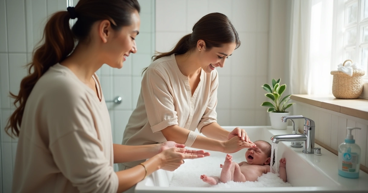 Família lavando as mãos antes de tocar no bebê recém-nascido 
