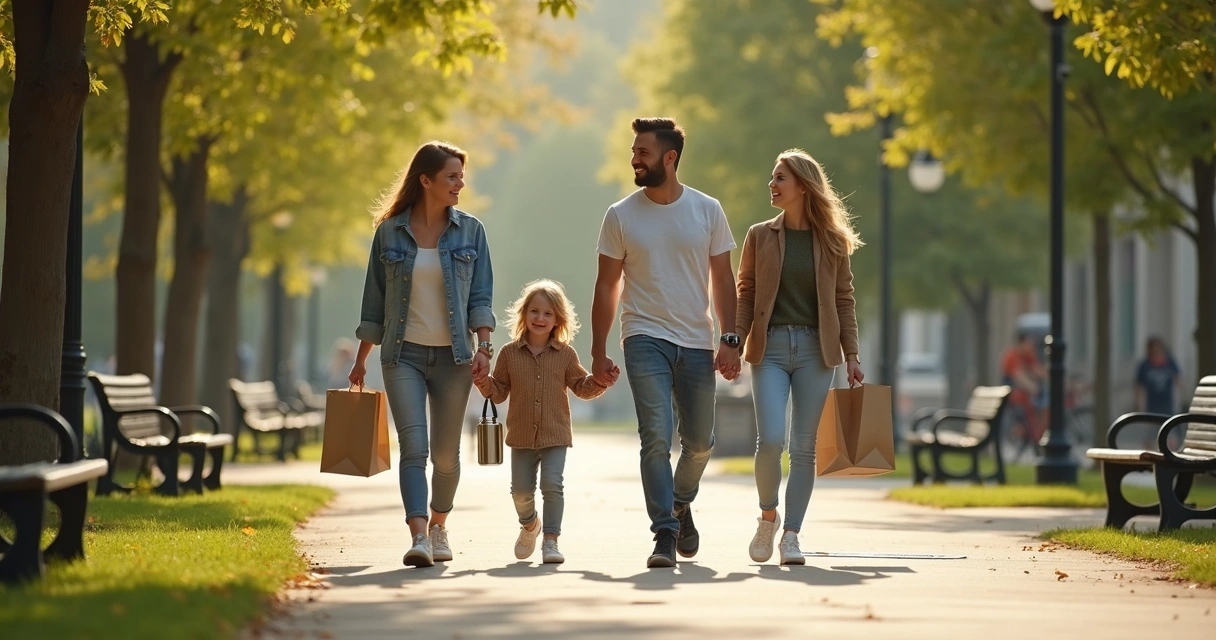 Familia caminando en un parque limpio con bolsas reutilizables