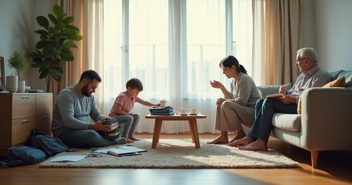 Família em sala iluminada mostrando equilíbrio entre cuidado e descanso 