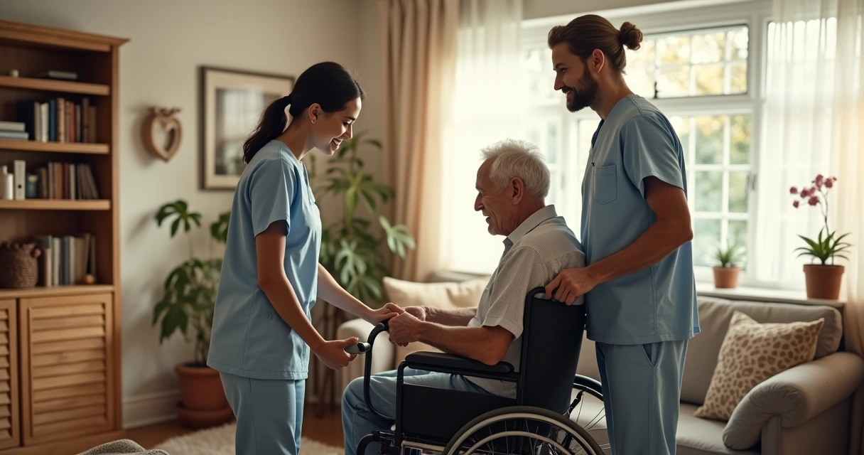 Cuidador profissional ajudando paciente idoso em cadeira de rodas em casa, familiares ao fundo, ambiente acolhedor