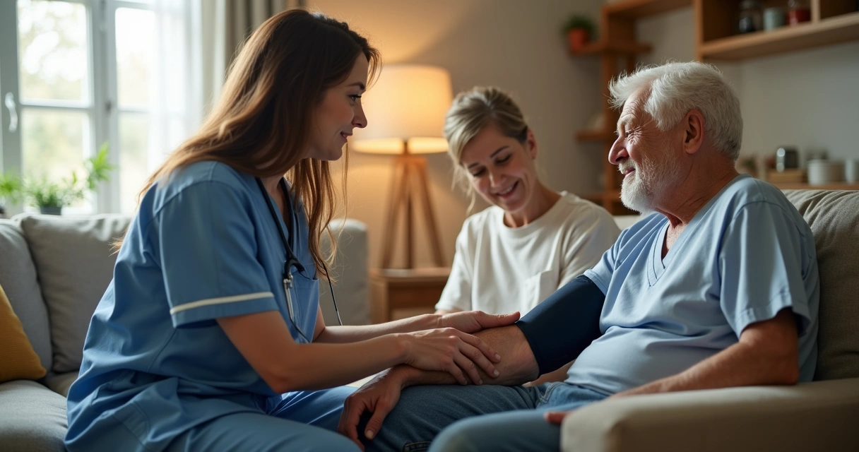 Família recebendo cuidados médicos em casa