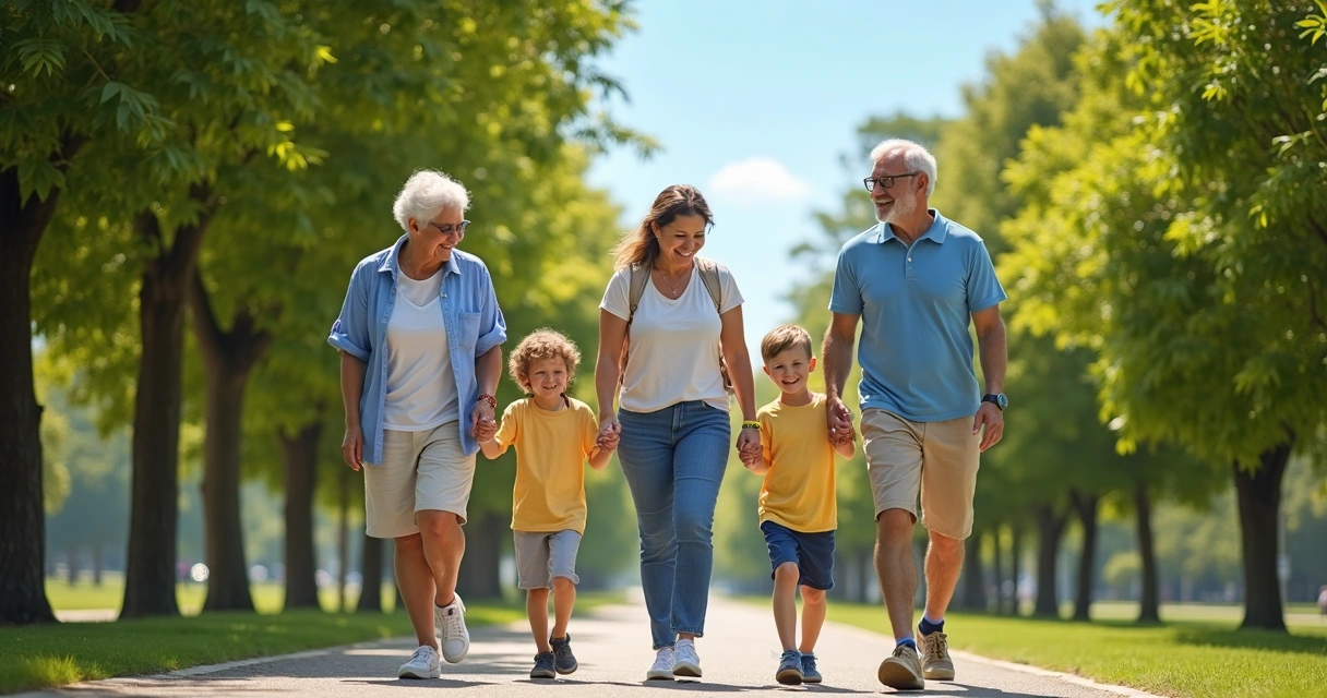 Família de várias gerações caminhando em parque de Anápolis, sorrindo, clima ensolarado 