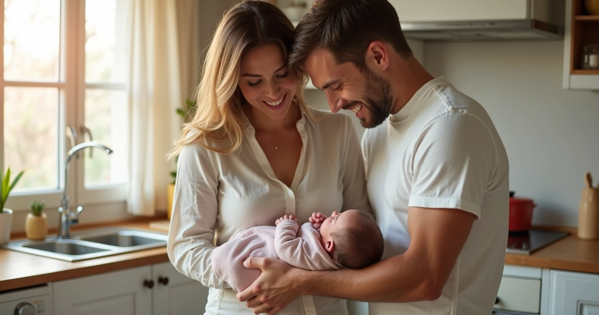 Família reunida cuidando de bebê recém-nascido 