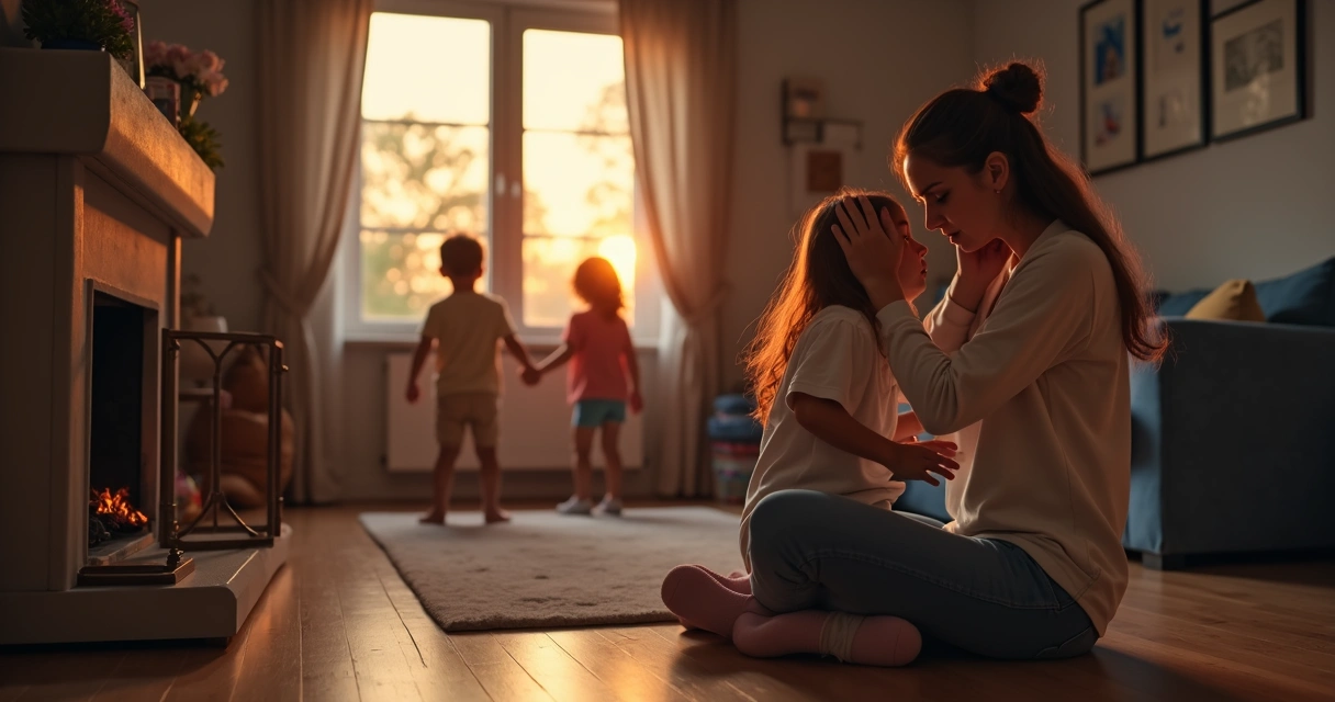 Família em casa cuidando de filha com necessidades especiais perto de lareira 