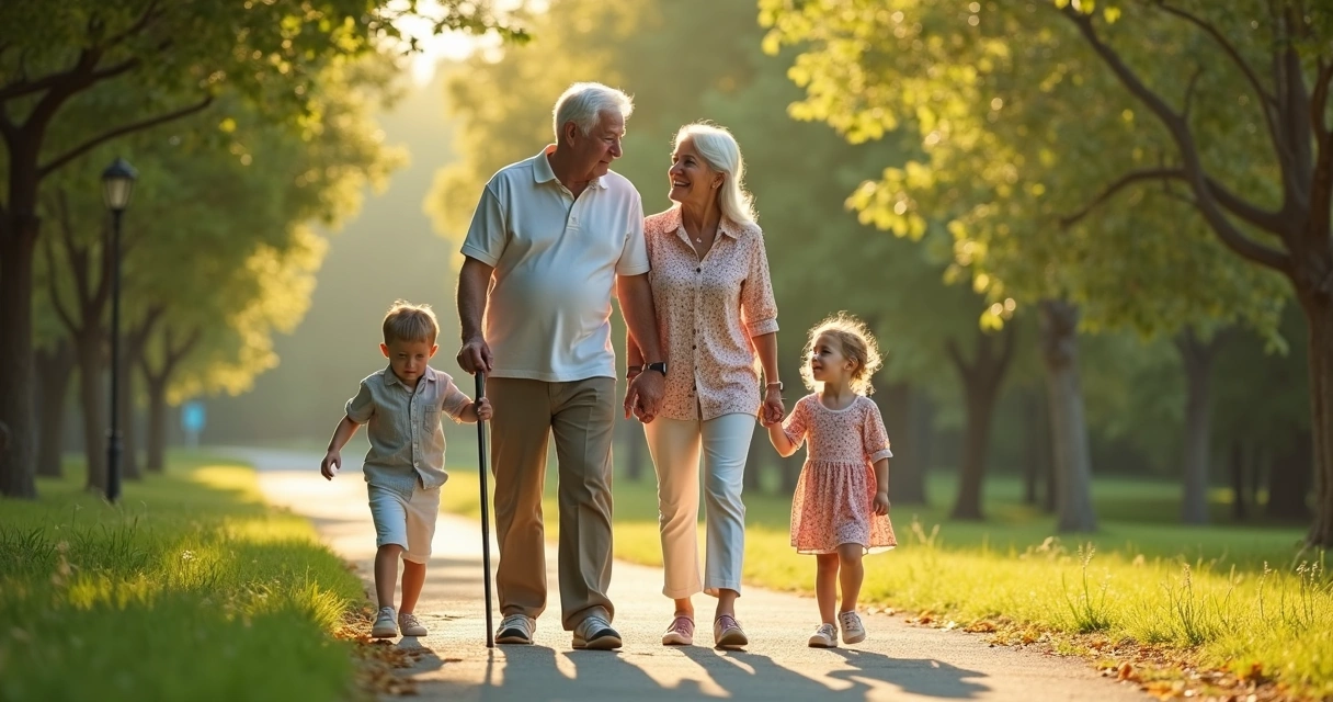 Família sorrindo e caminhando com idoso em parque verde