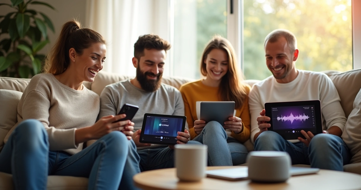 Família ouvindo rádio online em diferentes dispositivos em casa 