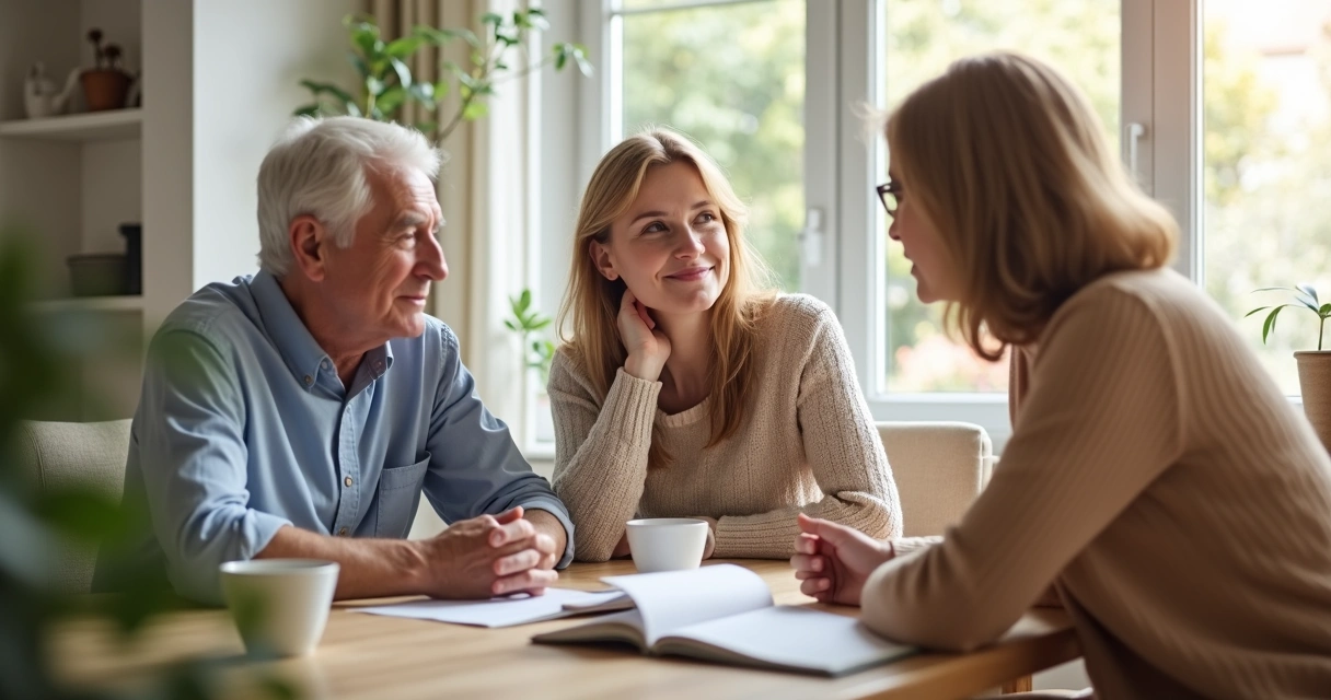 Tres personas sentadas conversando en una mesa, dialogando con expresión calmada. 