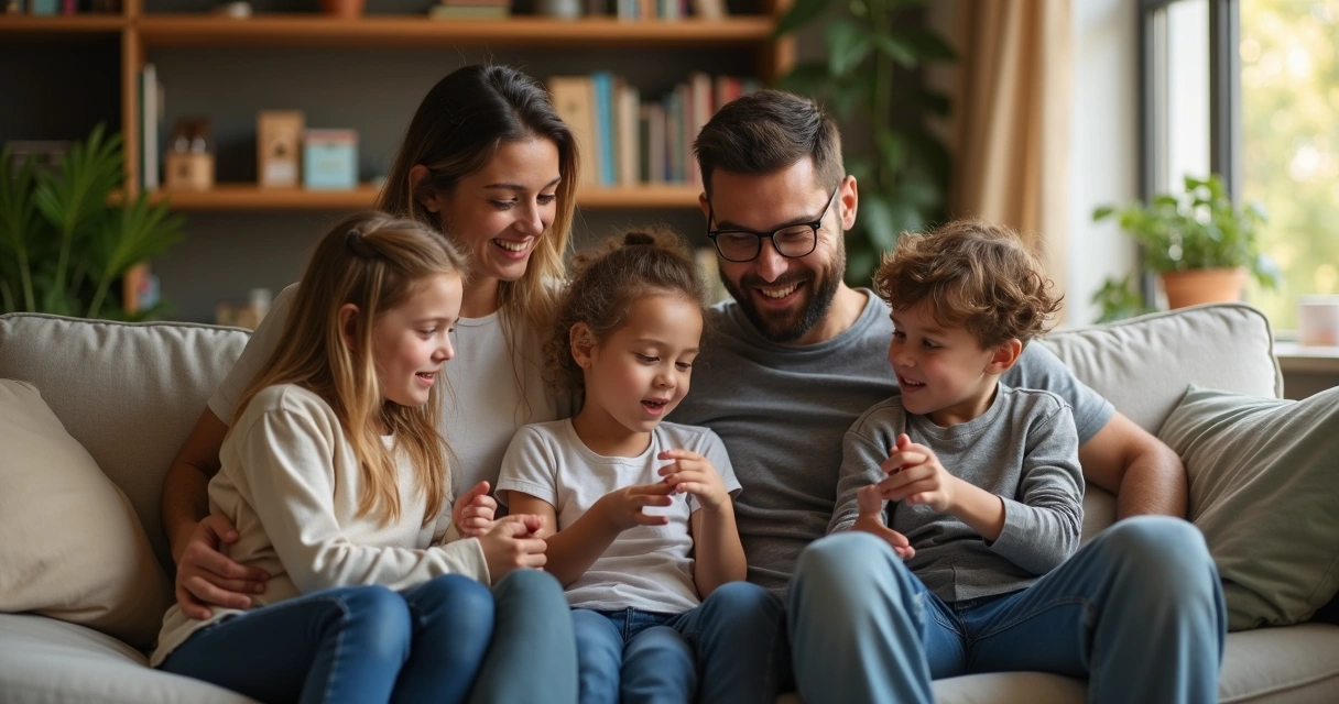 Familia sentada en el salón debatiendo una decisión familiar 