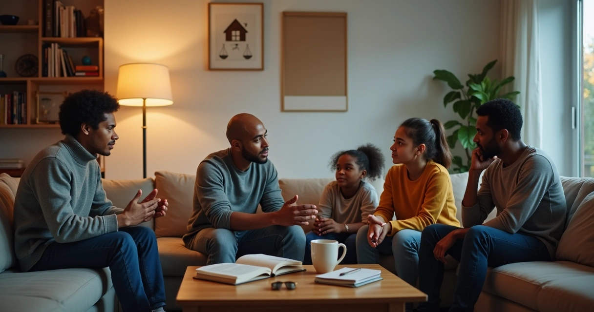 Familia conversando alrededor de la mesa de centro en una sala de estar con ambiente reflexivo 
