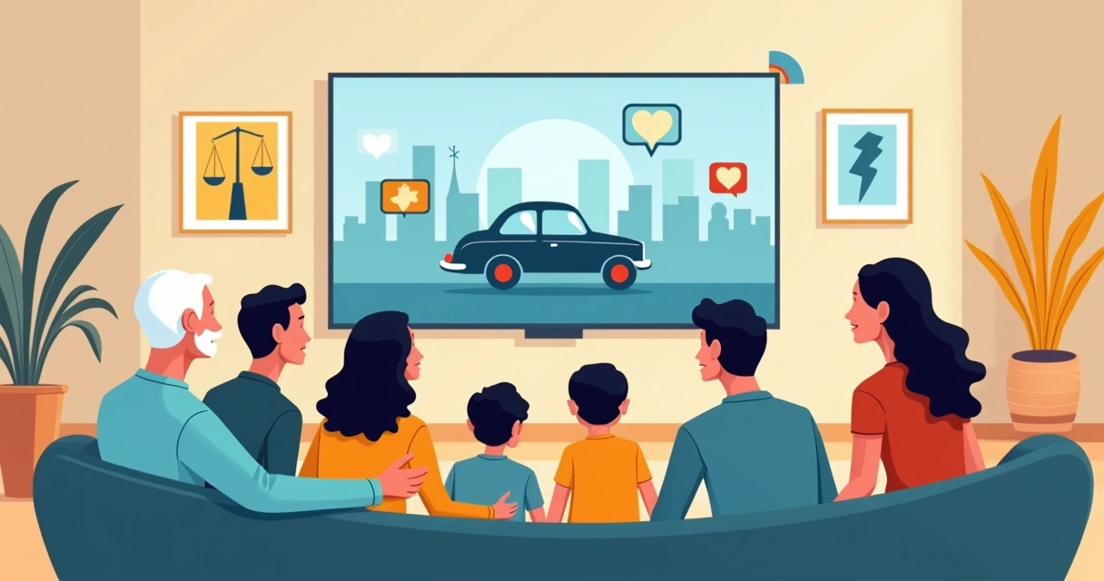 Família em sofá circular assistindo tela com cena clássica e ícones de valores 