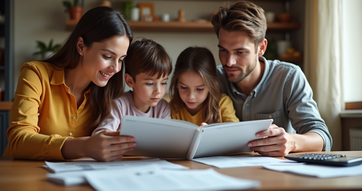 Família sentada à mesa avaliando juntos um produto e discutindo valores 