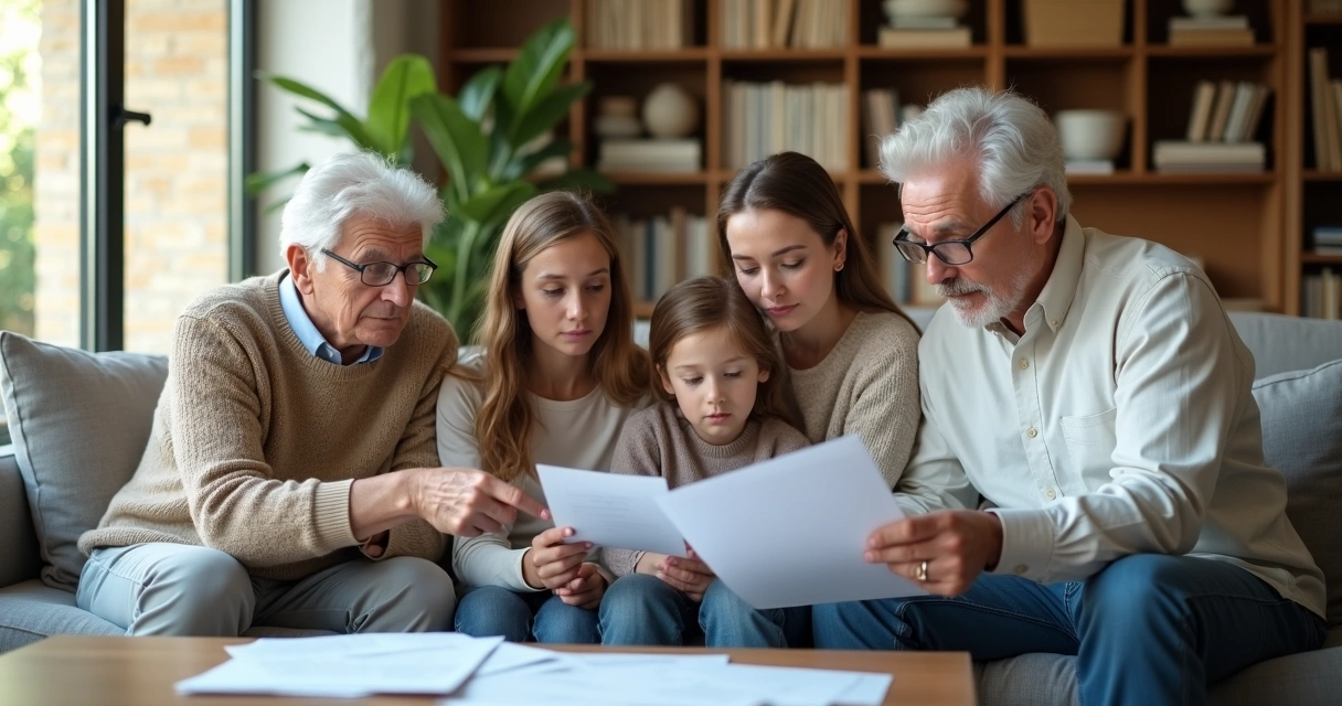 Familia sentada en el sofá tomando una decisión en conjunto 